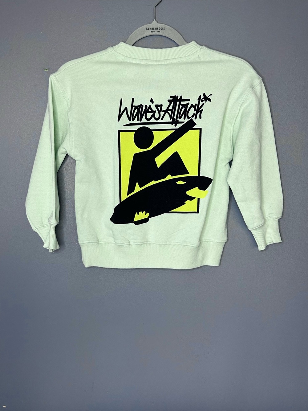 ZARA Sweatshirt Kids 6-7 Mint Green Waves Attack Surfer Graphic Fleece Pullover